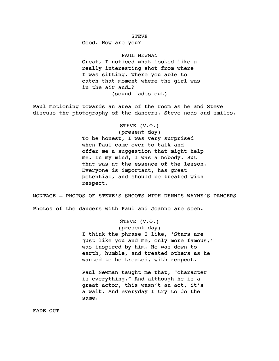 final page five of a screenplay formatted short story of photographer Steve Landis's experiences photographing Paul Newman during the summer of 1977.